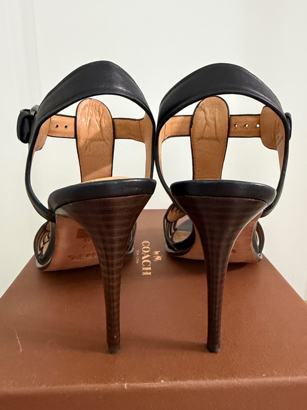 Coach Black Leather T-Strap High Heel Sandals - Picture 3 of 6